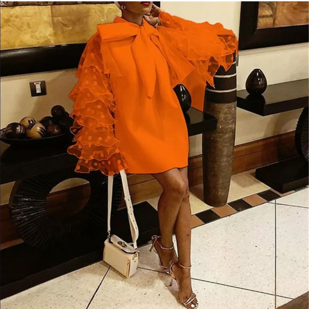 Big Size Orange Color Vintage Women Mini Dress